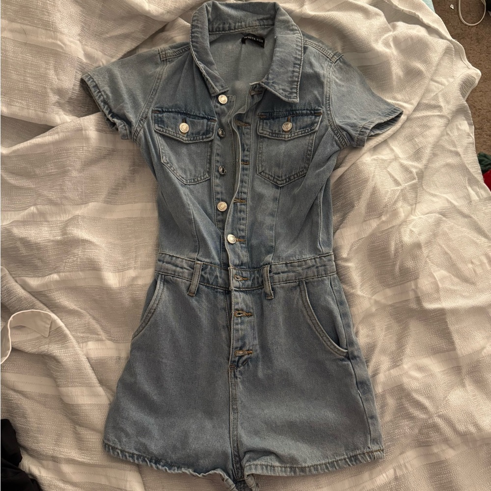White Fox Boutique Light Blue Denim Short Sleeve Romper